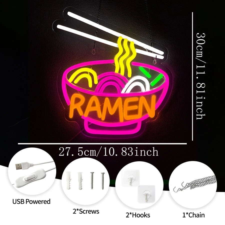 Ramen Neon Sign Noodle Bowl LED Light for Wall Decor, USB Powered for Ramen Shop Restaurant  Bar Kitchen Home Bar Party Decor