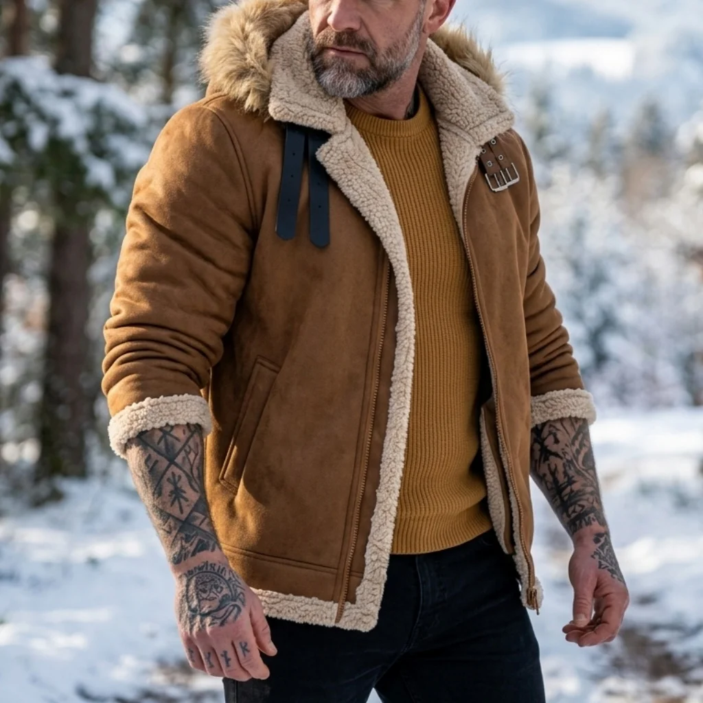 2026 Men's Faux Suede Fur Fleece Hooded Jacket Warm Casual Hiking Coat S-5XL Outdoor Winter Outerwear Soft Man's Winter Jackets