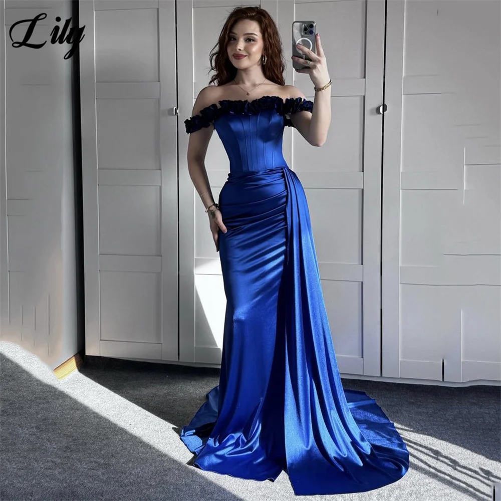 

Lily Royal Blue Mermaid Party Dresses Off Shoulder Evening Dresses Gown with 3D Flowers فساتين السهرة Customized