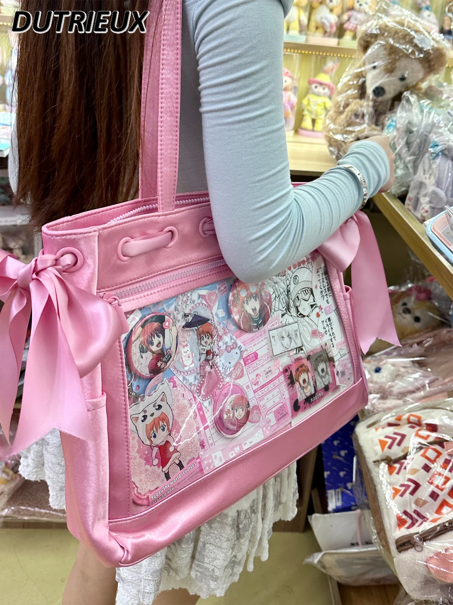 Girl Shoulder Bag Sweet Cute Ladies Handbag Pain Satin Tote Large Capacity Bag Bow Double-Sided Use Fashion Women's Handbags