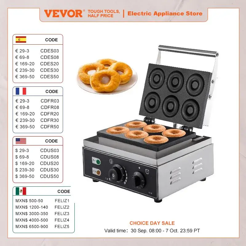 VEVOR 6 Hole Electric Sweet Donut Maker Stainless Steel Non Stick Commercial Donut Waffle Cookies Gaufriers Kitchen Appliance