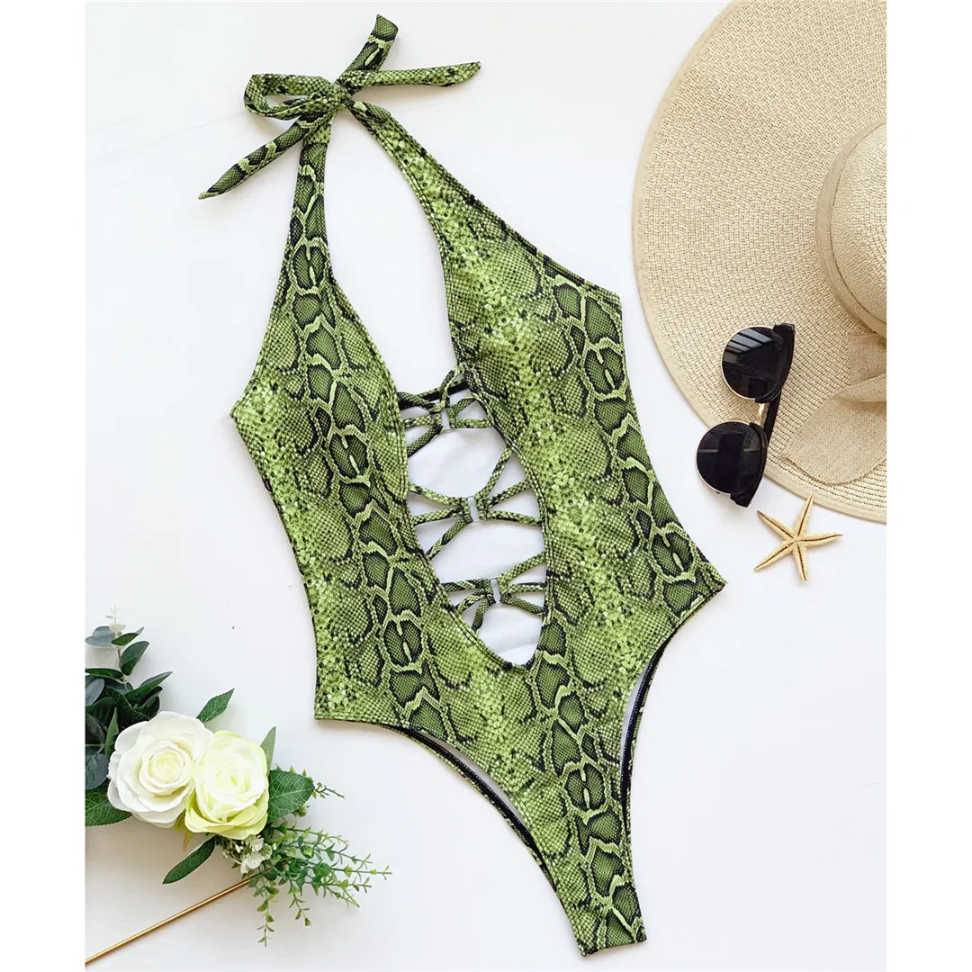 Neuer, aufregender Monokini-Badeanzug für Damen mit Schlangenhautmuster, einteiliger Badeanzug, figurbetonter Schnitt, Badebekleidung, Badeanzug für Damen, V3056. – Detail 22
