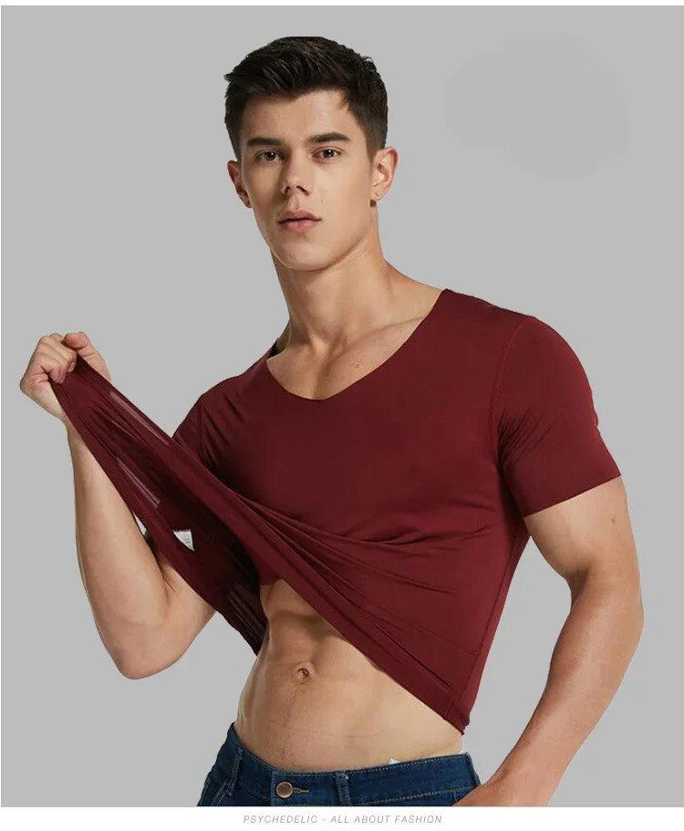 2024 Sommer neue Eis Seide nahtlose T-Shirt Herren kurz ärmel ige Herren V-Ausschnitt Fitness Sweatshirt Sport Top-Trend