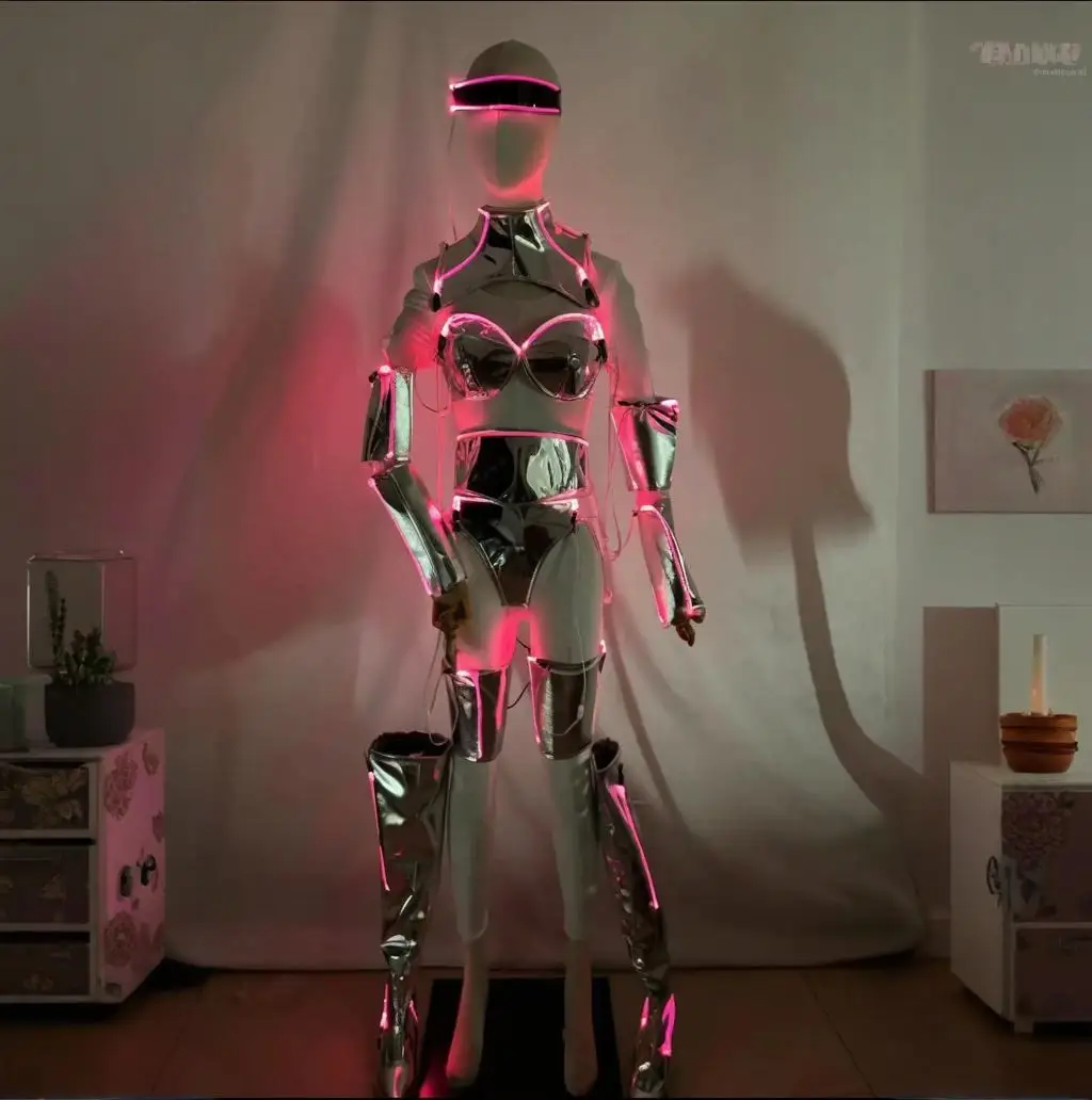 بدلة رقص من الألياف للسيدات، فتاة فضية رائعة، ألوان فاخرة، مبهرة بإضاءة LED، زي المسرح #1