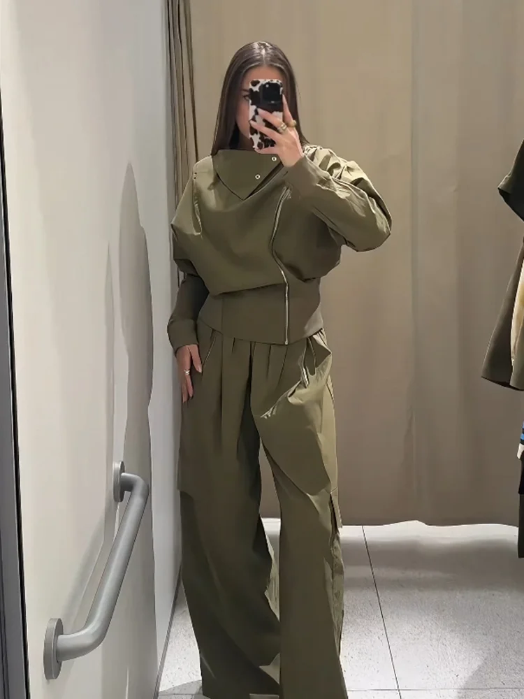 2025RARA nouveau femme chauve-souris à manches longues col montant simple veste plissée décoration taille haute pantalon ample costume