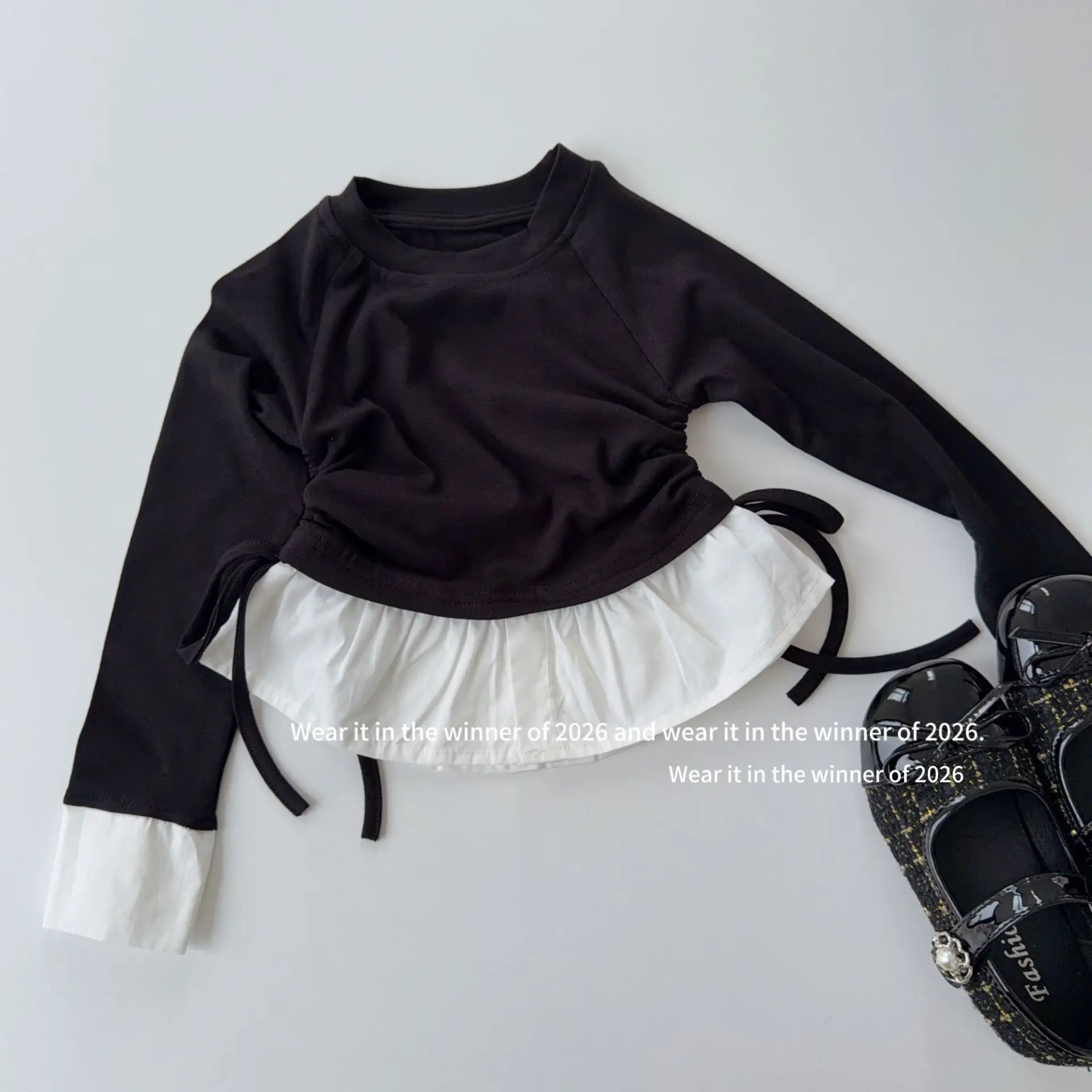 Girl T Shirt 2026 Spring and Autumn New Childrens Clothing Korean Style Girl Baby Splicing Round Neck T Shirt