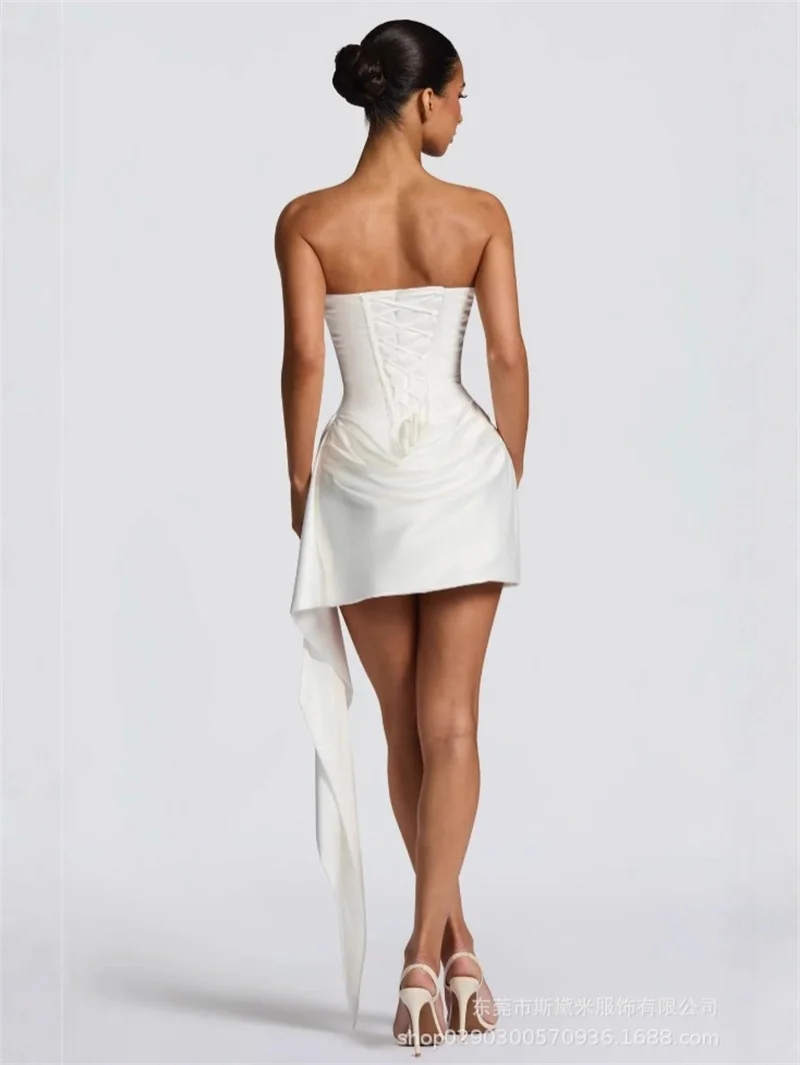 White Women Prom Dress With Scarf Sexy Corset Strapless Sleeveless Short Mini Party Gown Lace Up Back Holiday Birthday Robe