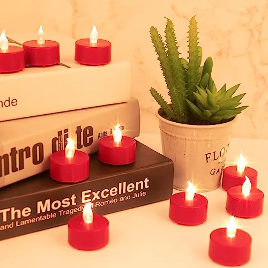 24 Pack Flameless LED Tea Lights Candles Flickering 200+ Hours Red, Battery-Powered Tealight Candle. for Party, Wedding Birthday