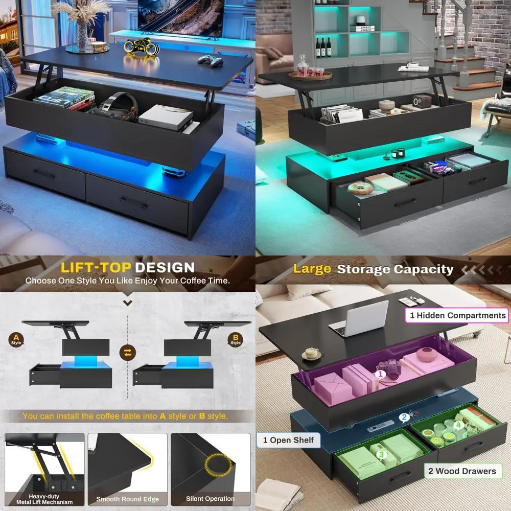 طاولة قهوة SEDETA 40 قابلة للرفع، طاولات قهوة مع مساحة تخزين لغرفة المعيشة، طاولة قهوة صغيرة مع درجين وإضاءة LED لـ D #1