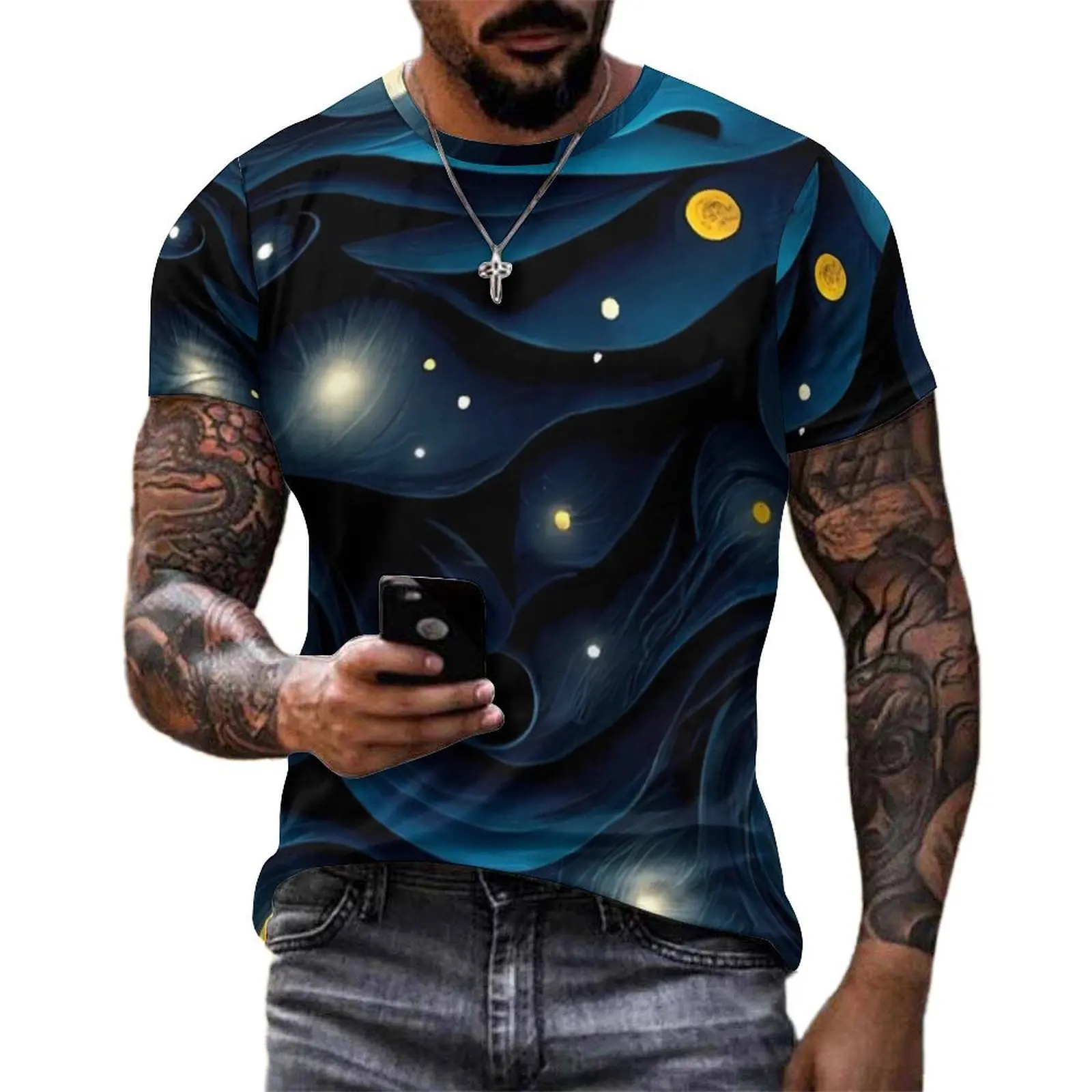 The Starry Night T Shirt Modern Art Print Harajuku T-Shirts Men Streetwear Tee Shirt Summer Short-Sleeve Pattern Tees Big Size