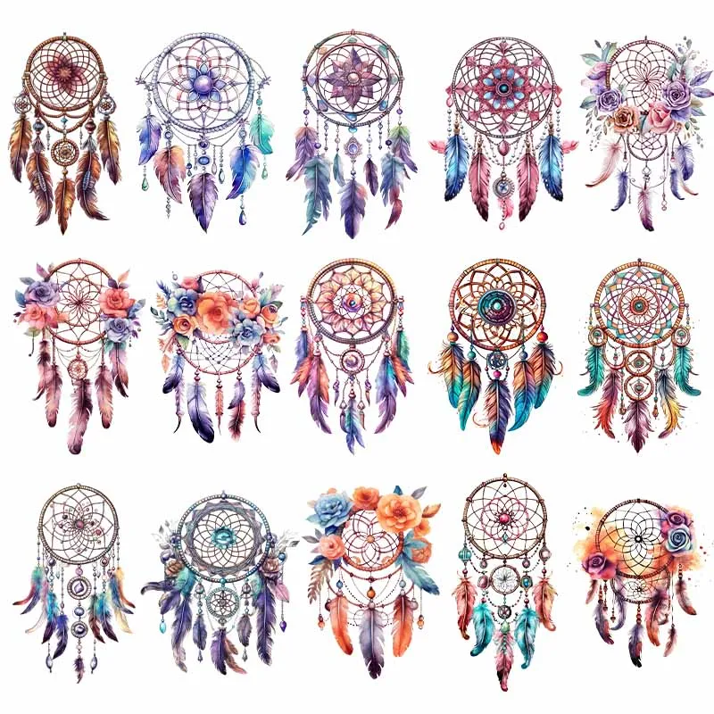 

DTF Iron Heat Patch Feathers Bohemian Dream Catcher Sticker Clothing Bueatiful Heat Transfer Print Patch For T Shirts DIY