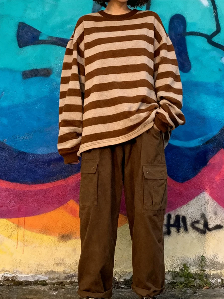 Para uso diario Casual Otoño Invierno sudaderas con capucha mujeres sudaderas sueltas manga larga cuello redondo jerseys a rayas Tops jerseys