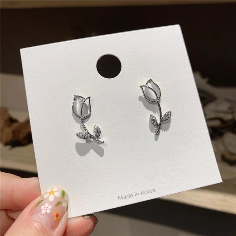 Charm Silver Color Tulips Stud Earrings Women Japan Korea Flower Earring Crystal Rose Jewelry Bride Wedding Accessories Gifts