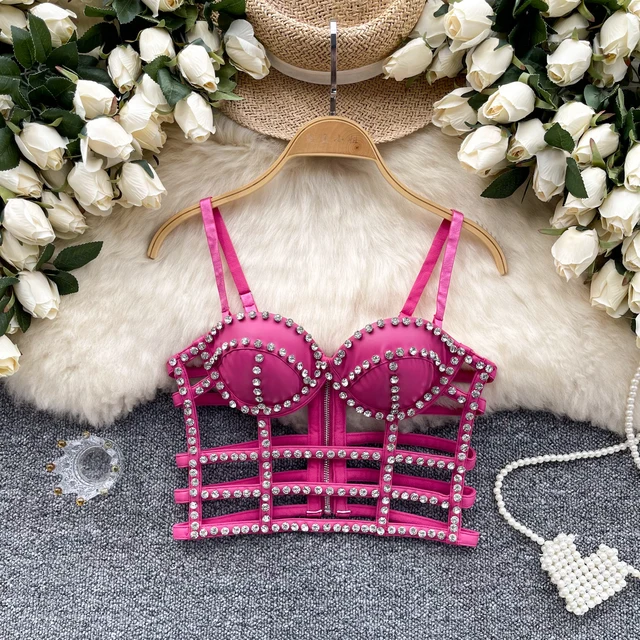 Kobiety eleganckie vintage rhinestone wąskie wycięcie bandaż z miseczkami na klatkę piersiową letnie słodkie topy damskie krótki top plażowy