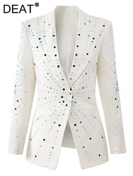 DEAT Fashion Women's Blazer Notched Color Hot Rhinestone Single Button Pockets Slim Suit Jackets Autumn 2024 New Tide 7AB4674