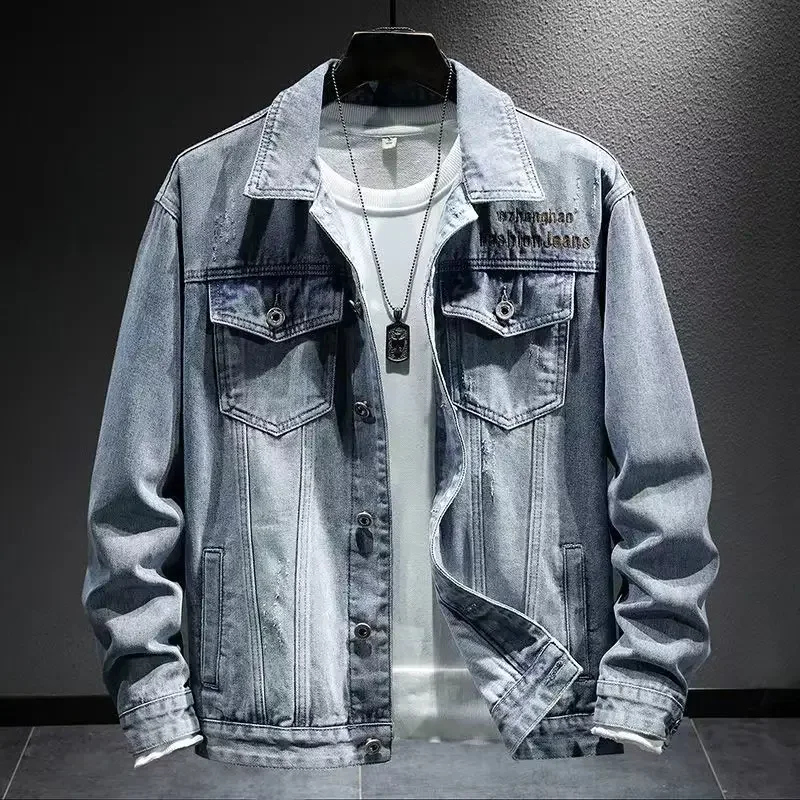 Blue with Embroidery Button Male Jean Coats Letter Men's Denim Jacket Cowboy Clothing of Fabric Low Cost Elatic G Fashion Lxury