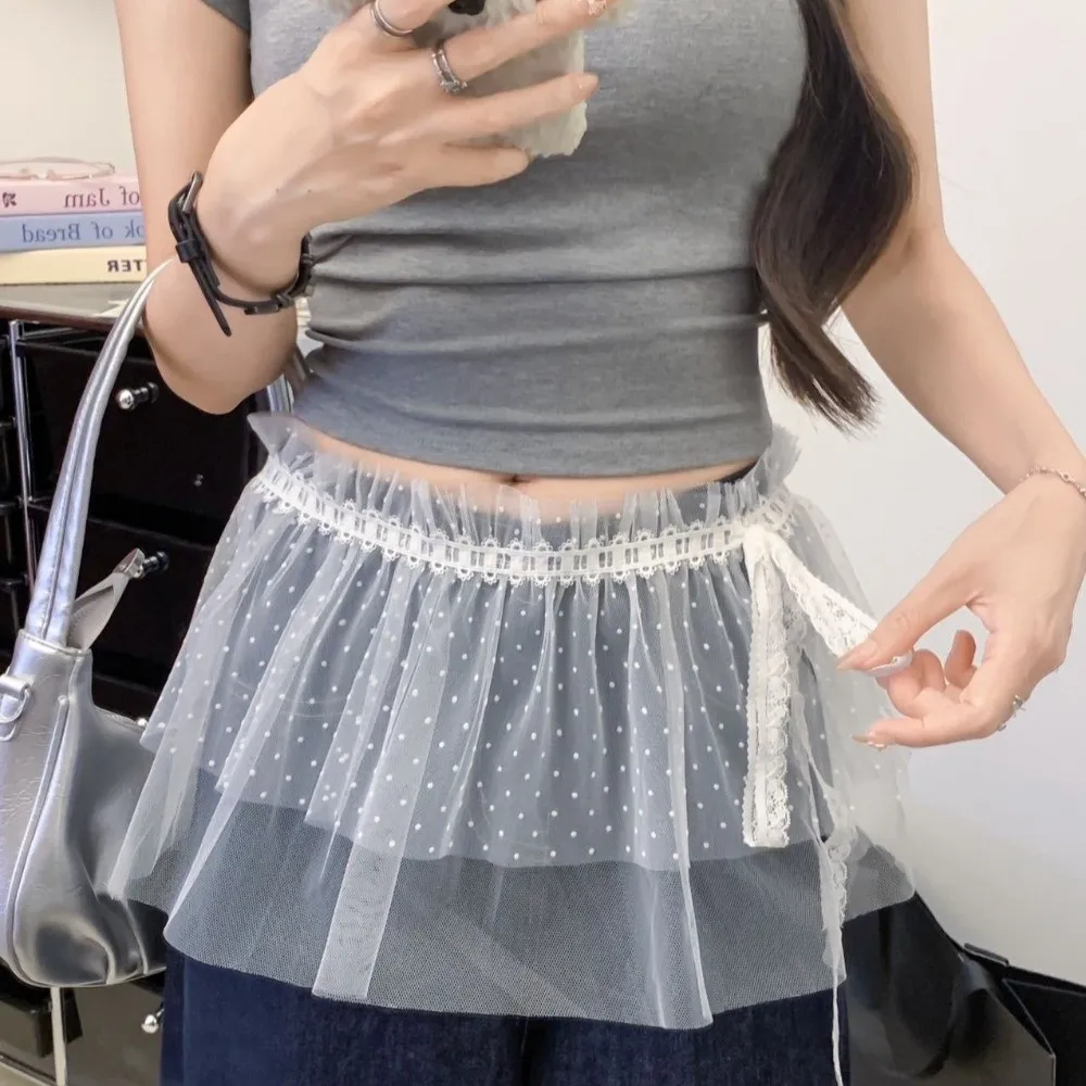 Fashion Lace Mesh Mini Skirt Ruffles Elastic Layered Skirt High Waist Jeans Decorative Hemline Pleated Skirt