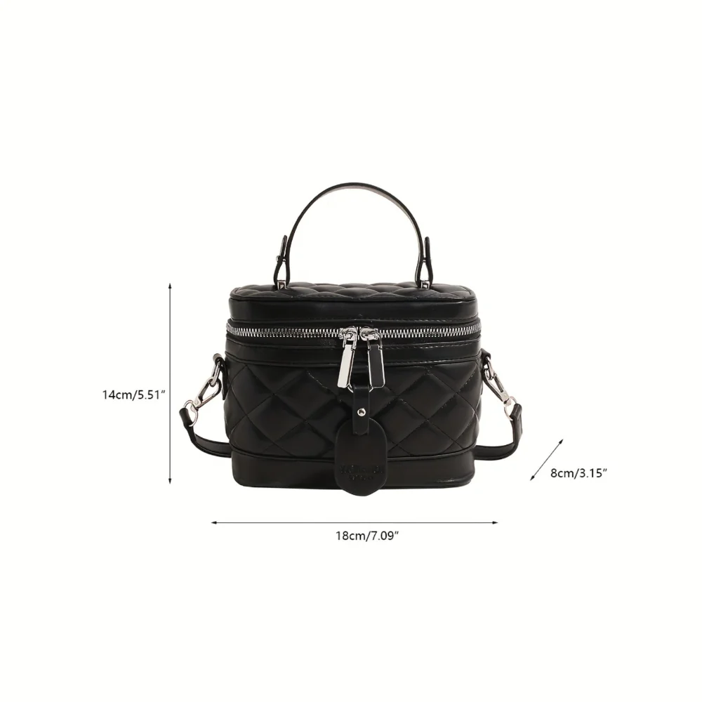 Black Mini Quilted PU Handbag, Solid Color Ladies Purse with Top Handle & Shoulder Strap, Classic Shoulder Bag