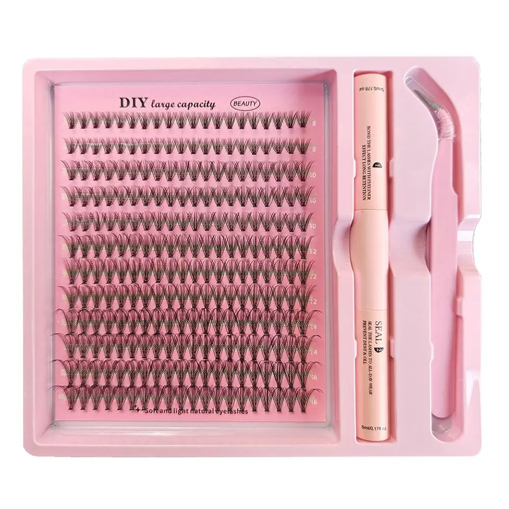 Zestaw do samodzielnego przedłużania rzęs 30D/40D/50D 8-16mm Mix Puszyste Sztuczne Rzęsy w Kępach Klej i Preparat utrwalający Pęseta Narzędzia do makijażu rzęs