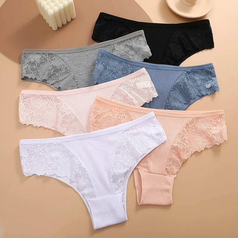 5Pcs Cotton Brazilian Panties Patchwork Lace Underwear for Women Sexy Low Waist Floral G-string Female Striped Thongs Lingerie