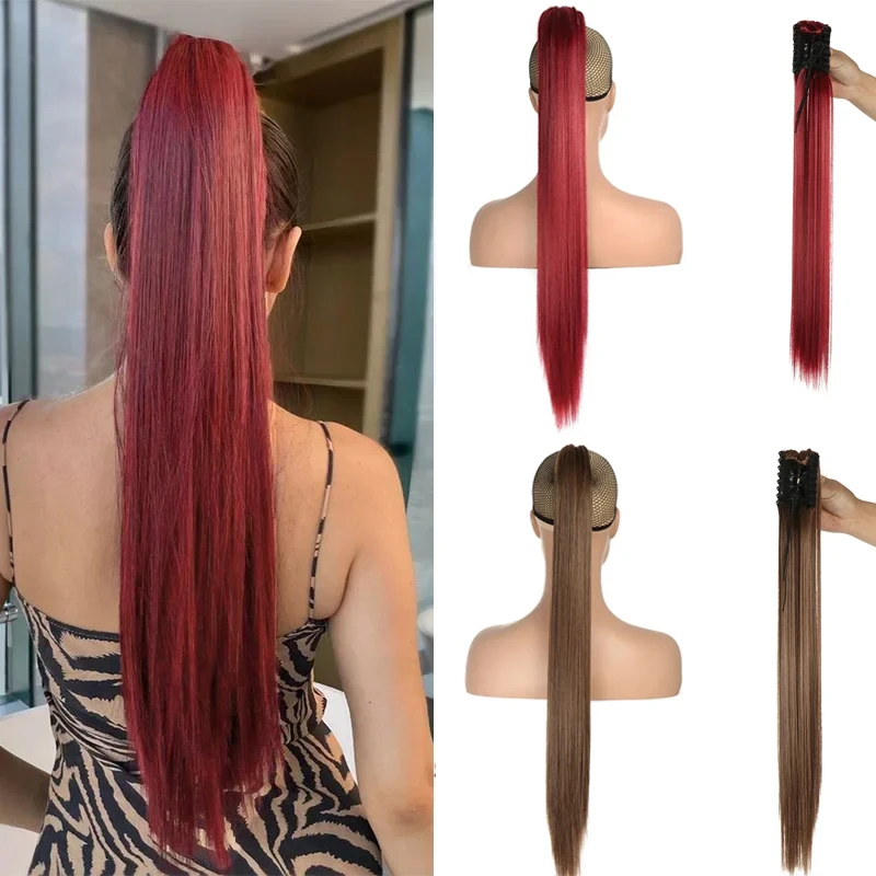 Synthetic Long Straight Claw Clip Ponytail Hair Extension 24inch Wavy Ponytail Hairpiece for Women Natural Red False Horse Tail