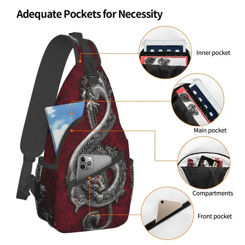 Music Dragon Gothic Pattern Sling Bag for Cycling Camping Men Chinese Asian Style Crossbody Chest Backpack Shoulder Daypack