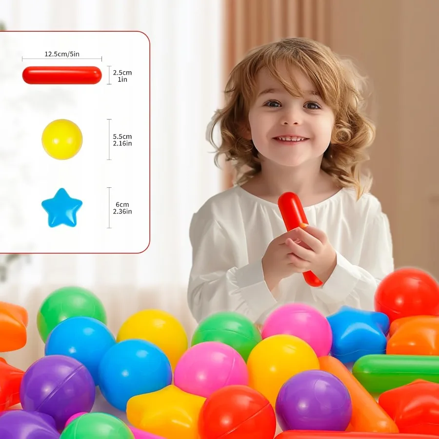 100 szt. Kul do basenu dla dzieci, zabawki do basenu, grube, miękkie plastikowe kulki do basenu dla maluchów, 3 kształty, kulki, gwiazda, patyk