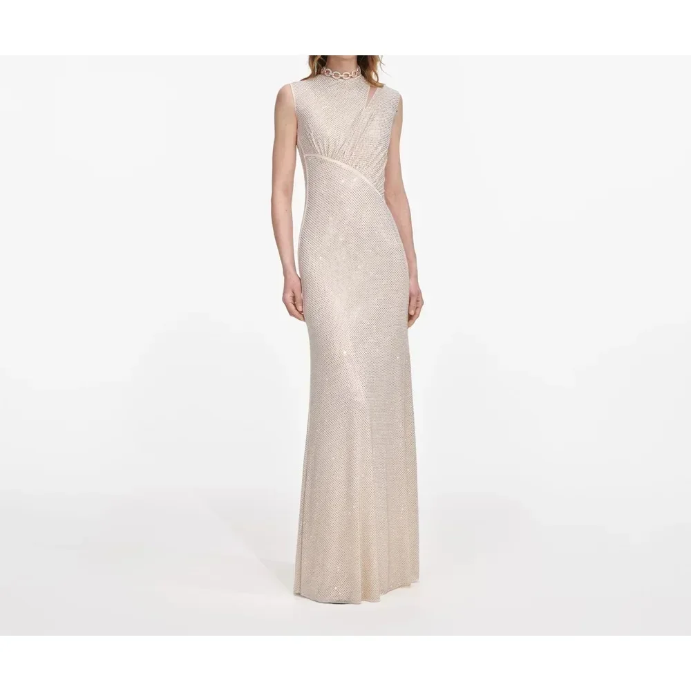 Mermaid Fishtail Maxi Dress 2025 Beige Sequin Sleeveless Cut Out