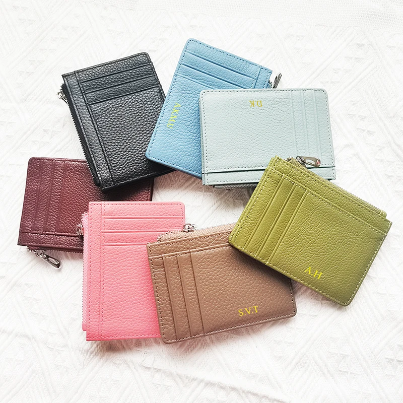 Custom Name Luxury Design Card Holder Fashion Zipper Genuine Leather Coin Purse Casual Wholesale Business Card Wallet For Woman