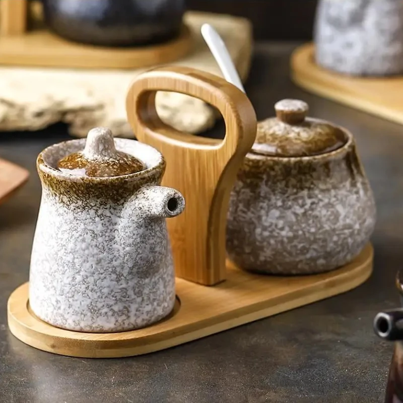 Tarro de cerámica de estilo japonés para condimentos, herramientas de especias Retro, tarros para el hogar, botellas de aceite para salsa de soja, salero, pimienta, accesorios de cocina