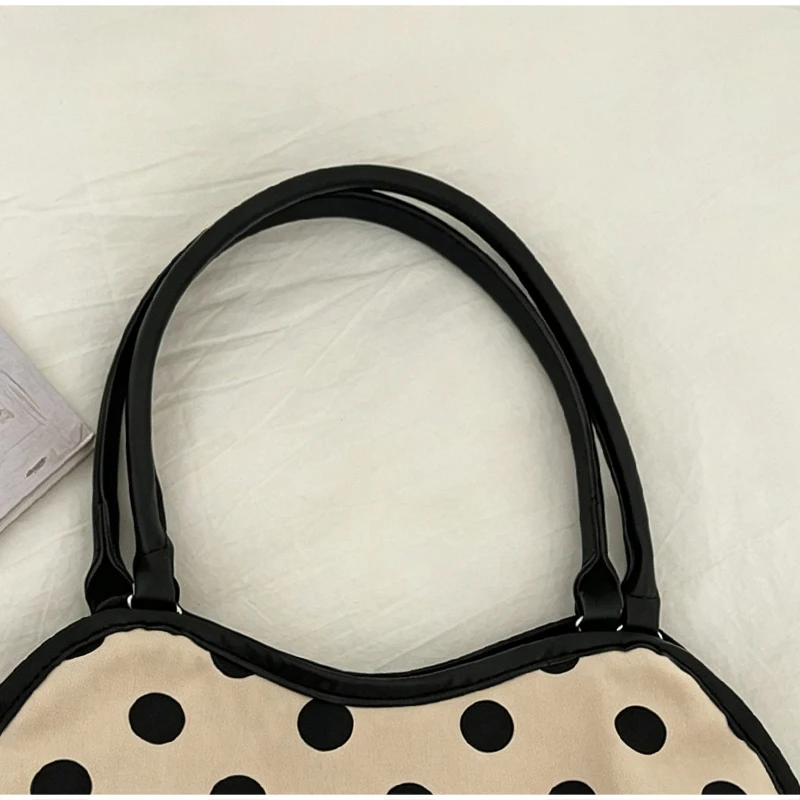 Koreanische Schultertasche aus Baumwoll-Leinen mit Polka Dots, Damen-Patchwork-Tragetasche mit großem Fassungsvermögen, vielseitige Freizeit-Handtasche für den Arbeitsweg – Detail 5