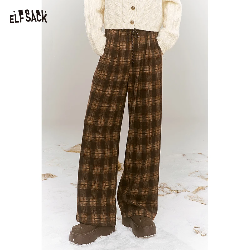 

ELFSACK Y2K Preppy Casual Plaid Bow Drawstring Floor Length Pants For Women