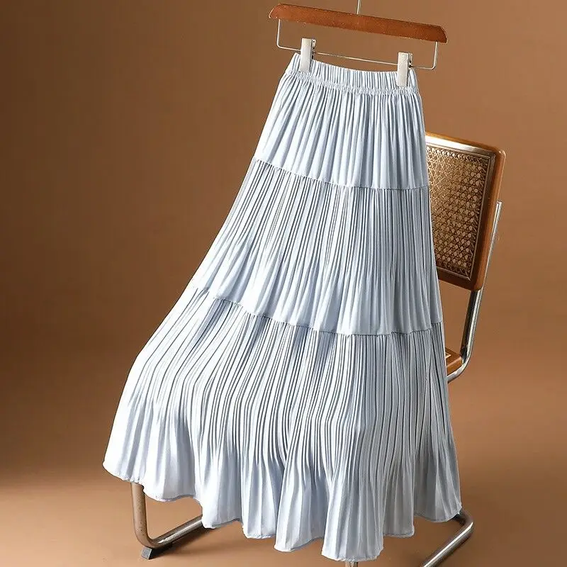 

White Chiffon Pleated Skirt For women Summer Stretch waist Loose skirt Female High waist A-line long Flowing fairy Skirts