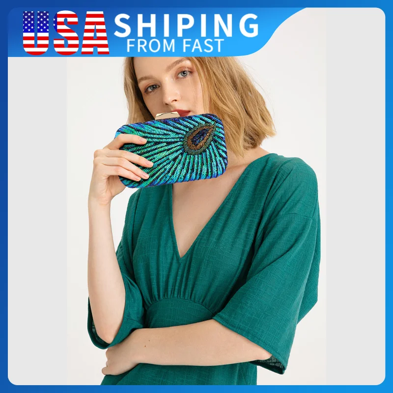 

Luxury Women Clutch Bag Green Peacock Beaded Sequins Lady Evening Party Wedding Bridal Purses Female Bags Handbag Clutch Bag
