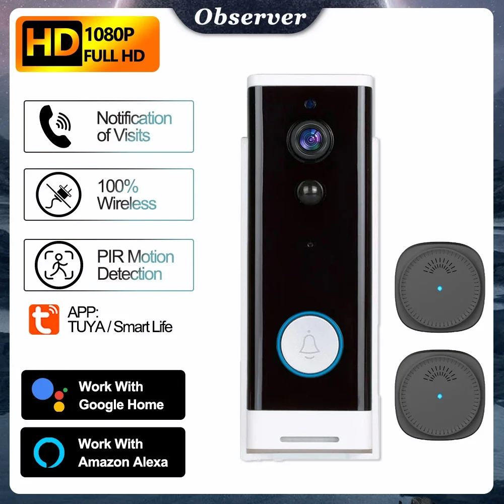 1080P TUYA Video Doorbell 100% Wireless 166 ° Wide Angle Field of View Phone Door Bell Cam PIR Motion Detection Work with Alexa