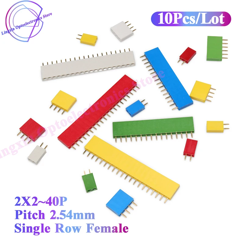 10pcs 2.54mm Single Row Female PCB Board Pin Header Connector Strip Pinheader 1x2P/3/4/6/8/10/20/40 pin Colourful socket