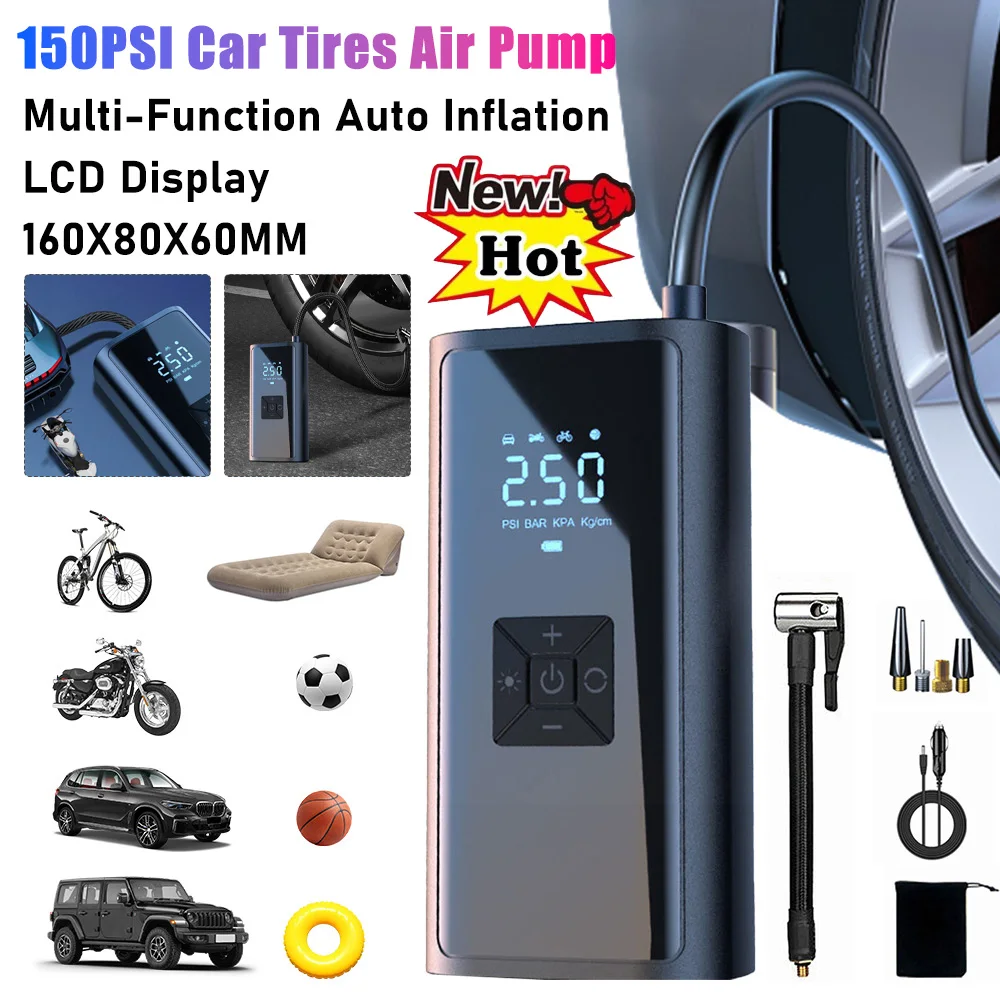 

Электрический шинный насос 150PSI со светодиодной подсветкой, портативный беспроводной воздушный насос, воздушный компрессор, электрический автомобильный насос, аксессуары для велосипеда
