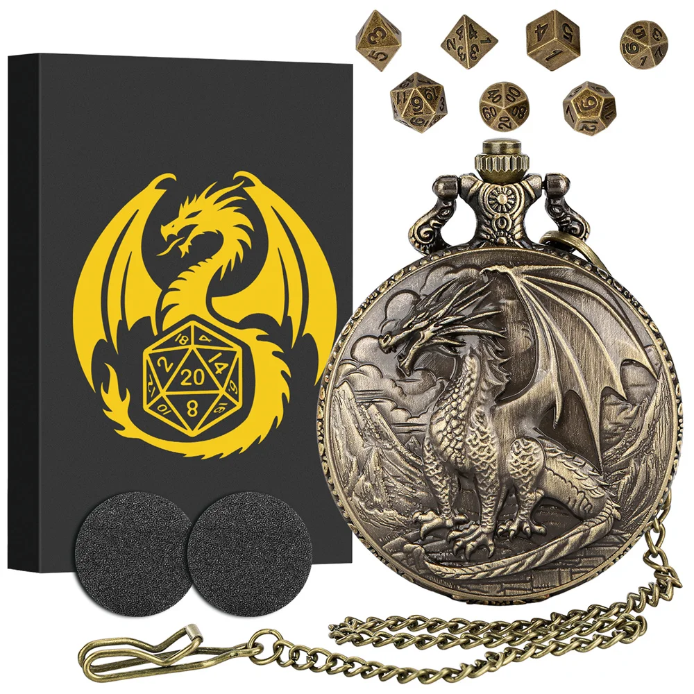 Punk Cool Dragon Pocket Watch Case Mini Polygon Dice Set Gift Box Fob Chain Pendant Pocket Clock Case Retro Gift for Dices Lover