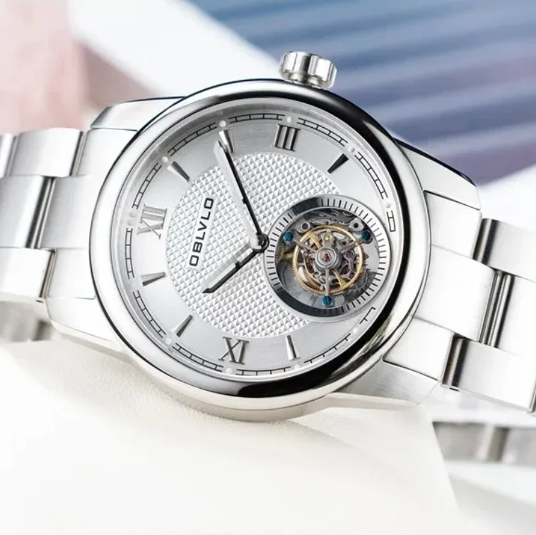 

OBLVLO Men Tourbillon Watch 42mm Mechanical Wristwatch 50m Waterproof Sapphire Mirror Skeleton Dial Luminous