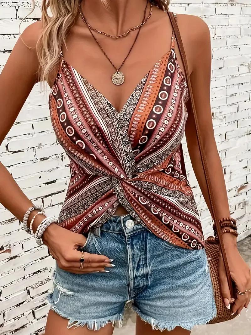 Sexy Damen-Camisole-Top mit V-Ausschnitt, Kettenmuster auf der Vorderseite und gedrehtem Rücken, aus Polyester-Stoff mit Spaghettimuster. – Detail 13