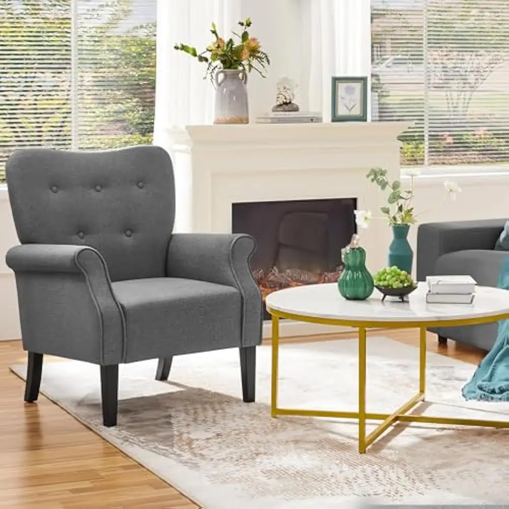 Modern Armchair, Mid Century Accent Sofa Chair with Sturdy Wood Legs and High Back, Upholstered Fabric Sofa Club Chair