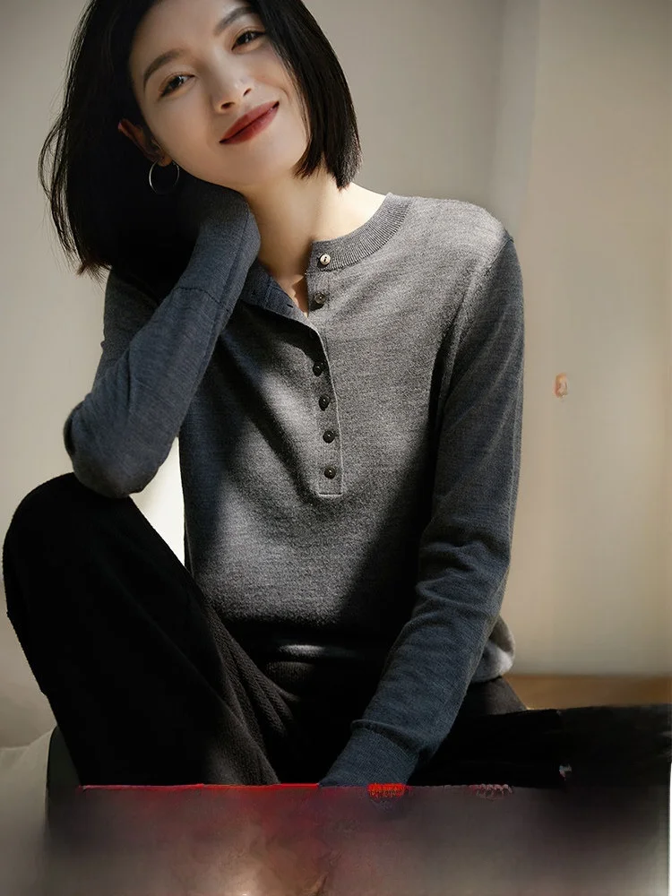 

Waable Wool Knitwear Base Layer Henry Collar Yangzhou Silk Low round Ne Overhead Long Sve Regular Length OL Sle Pure...