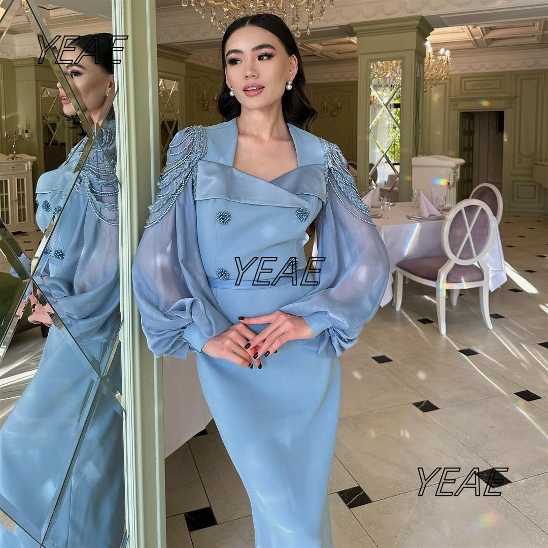 Santorini Ankle Length Dresses for Evening Party Square Neck Beading Long Sleeves Prom Dress Zipper Back Mother of the Bride