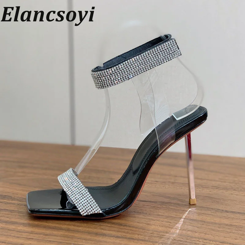 Summer New Women's Square toed High heeled Sandals with Shallow Mouth Shining Crystal Decoration Summer Banquet Dress Shoes