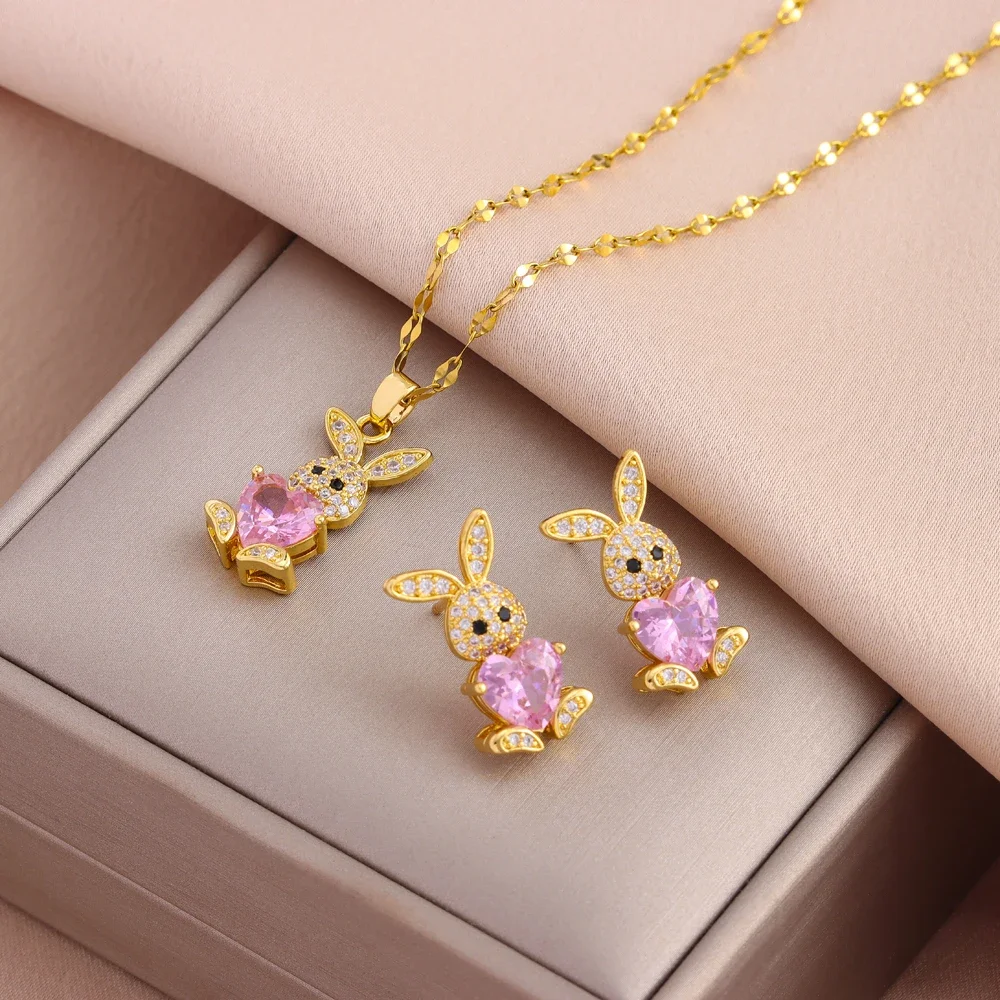 

New 316L Stainless Steel Cute Zircon Rabbit Necklaces Earrings For Women Trendy Female Jewelry Set Girls Fashion Clavicle Chain