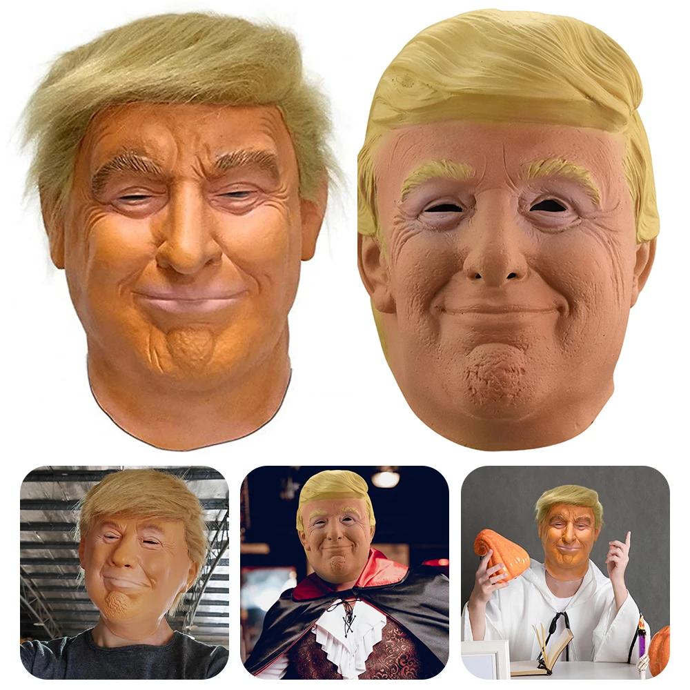 Donald Trump Mask Realistic President Latex Headgear Halloween Party Celebrity Cosplay Costume Props Yellow Wig Head Cover Mask