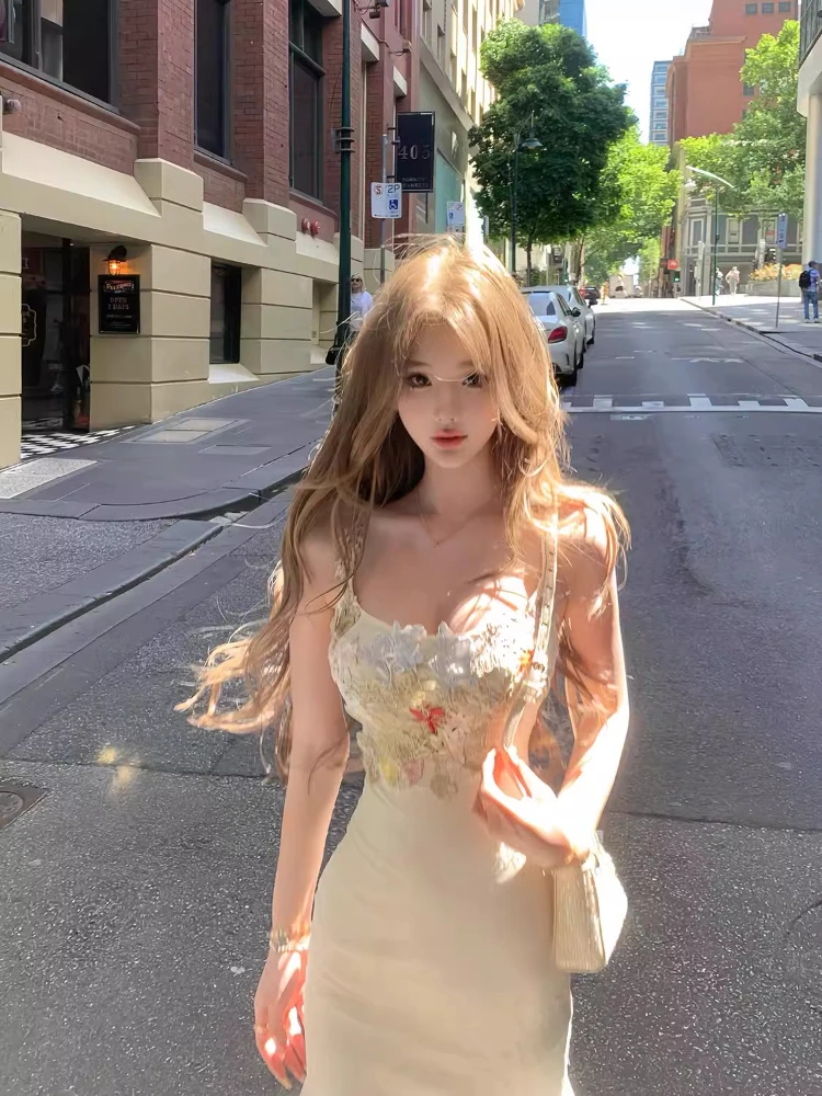 Floral Lace Midi Dress Women French Elegant Vintage Dress Evening Party Clothing Y2k One Piece Dress Korean Fashion Beach Style