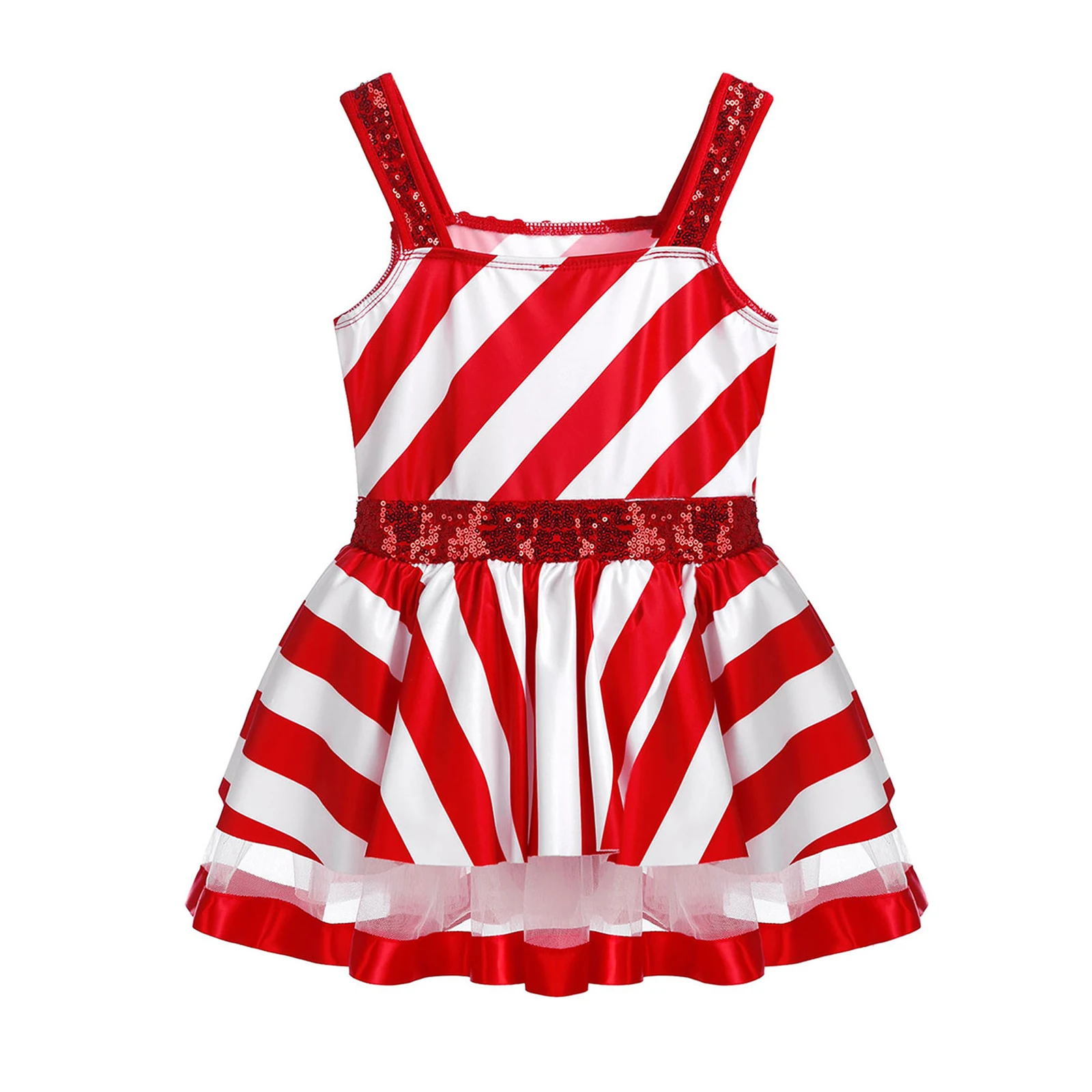 Sequins Kids Girls Candy Cane Striped Ballet Tutu Dance Dress Christmas Fancy Figure Skating Gymnastics Leotard Dress Dancewear