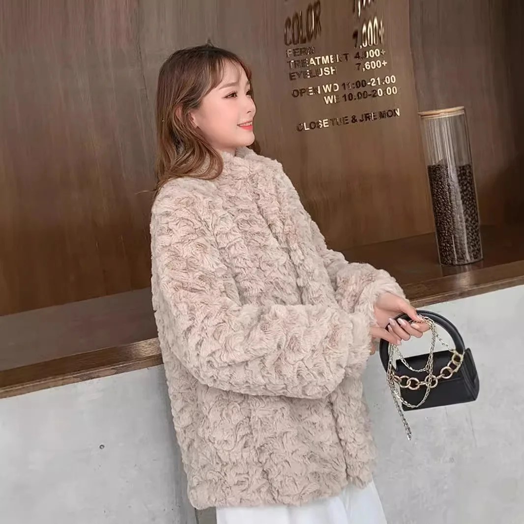 معاطف نسائية قصيرة متينة سترات من فرو الأرنب الصناعي بياقة واقفة وأكمام طويلة واحدة الصدر فضفاضة أنيقة غير رسمية لخريف وشتاء 2025