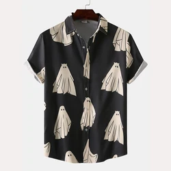 Casual Men Shirt 2024 New Creative Cartoon Ghost Printed Shirt Large Size Loose Short Sleeve Lapel Button Up Top Men'S Clothing